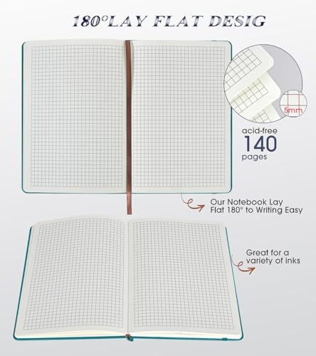 Biuwory A5 Hardcover Graph Paper Notebook, Grid Leather Journal for Writing | 140 Quad Ruled Grid Pages Vintage Diary, 5.7"×8.3" Travel Notebook for Work, School, Women & Men
