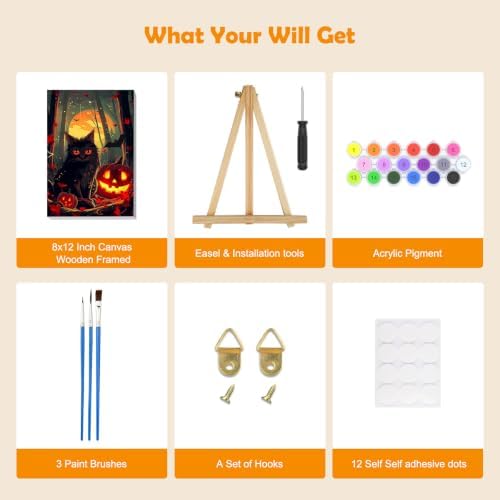 MOGTAA Halloween Paint by Numbers Kit for Adults Beginners with Frame, Pumpkin Adult Paint by Number Kits on Canvas with Easel, Easy DIY Black Cat Oil Painting Kits for Home Decor, 8x12in
