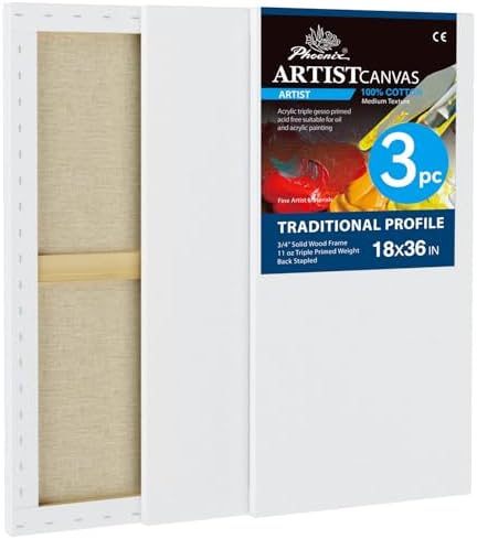 PHOENIX 18x36 Inch 3 Pack Artist Canvas - Extra Large Long Stretched Canvases for Painting - 3/4 Inch Profile, 100% Cotton 11 Oz. Gesso Primed White Blank Professional Canvas Oil & Acrylic Paints