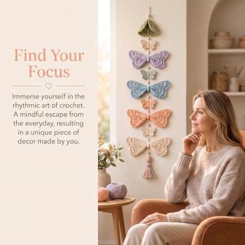 CHIANART Butterfly Garden Cascade DIY Crochet Kit, Step-by-Step Tutorials with Soft Yarn & Hook, Butterfly Garden Cascade Hanging Ornament for Windows or Bedrooms.，E