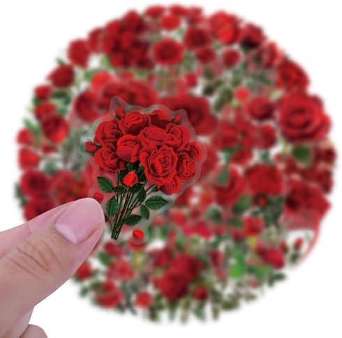 60 Pieces Red Rose Stickers Aesthetic PET Transparent Sticker, Self-Adhesive Scrapbooking Stickers Supplies Journal Stuffers for Adult Card Making Letters DIY (Rose)
