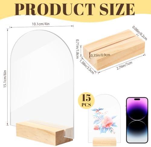 Bercoor 15 Pack 4x6 Inch Blank Clear Arch Acrylic Sign with Wooden Stands, Arched Round Top Acrylic Sheet, DIY Acrylic Arch Table Numbers for DIY Name Card Gifts Event Party Sign Decoration