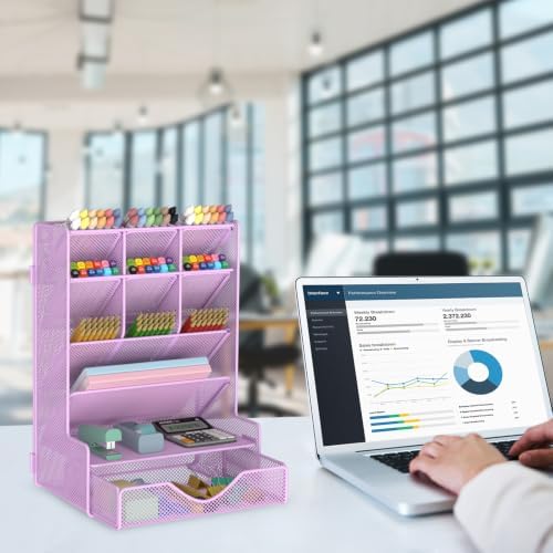 BOHDK Pen Organizer for Desk, Multi-Functional Desk Organizer, Wall Mount Pen Holder with Drawer for School, Office, Home, Art Supplies, Purple