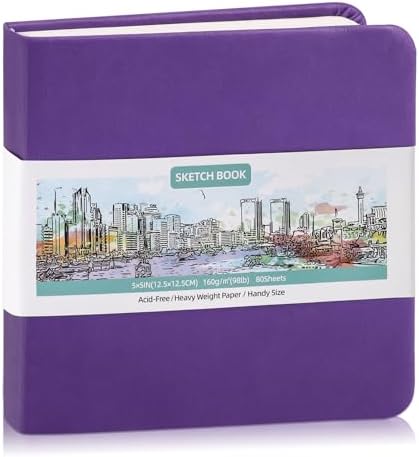 5" × 5" Hardcover Small Sketchbook, 80 Sheets, 160gsm Tiny Notebook, Purple