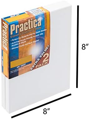 Practica Economy Stretched Cotton Canvas - Acid-Free Acrylic Primed Canvas for Acrylics, Pastels, Graphite, & More! - [2-Pack - 8x8]