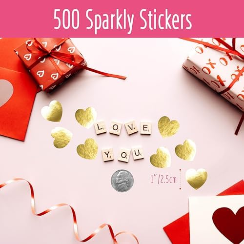 500 Golden Heart Stickers, Metallic Golden, Waterproof Reflective Heart Stickers - Love Decorative Labels for Wedding, Valentine's Day Supplies (1' Each)