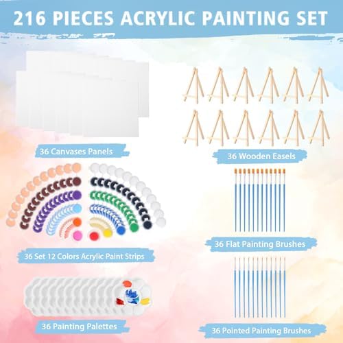 Qilery 36 Set 6 x 6 Inch Mini Canvas Boards with Easel Painting Kit, Acrylic Paints Strips, Brushes, Palette, Oil Art Set for Acrylic Birthday Party Favors