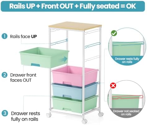 6 Drawer Rolling Storage Cart with Wooden Top and Wheels for Craft Rainbow