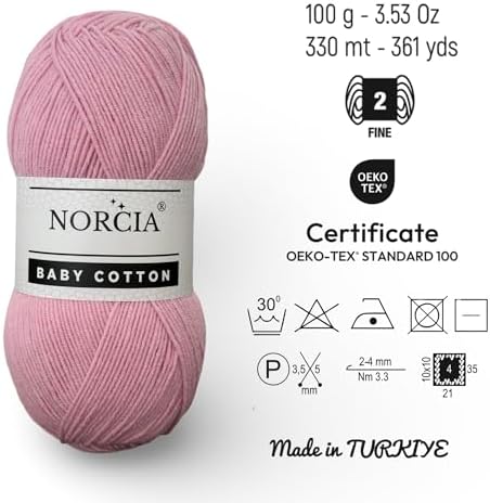 Baby Cotton, 55% Cotton 45% Acrylic Yarn, Fine/Sport (2) for Crochet and Knitting, Soft Amigurumi Yarn, 100 gr (361 yds)