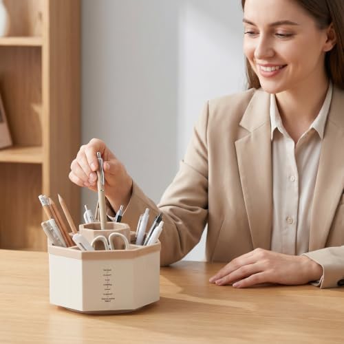Jekelife 360 Degree Rotating Pen Holder,5-Compartment Desk Organizer,Pink