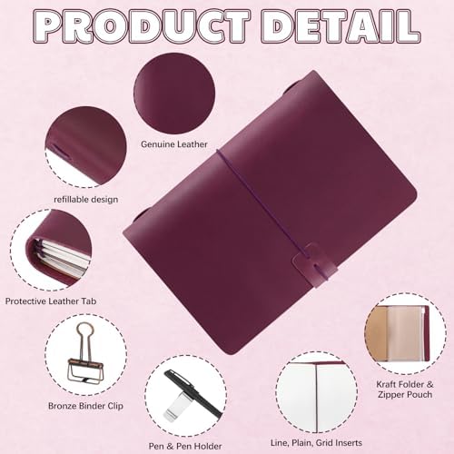 Thenshop Leather Travel Notebook 3 Inserts,Purple,A5 Size