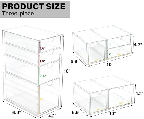 Prsildan Acrylic Drawer Makeup Organizer with 9 Drawers, Set of 3 Office Desk Organizers Accessories, Clear Stackable Storage Drawers for Vanity, Countertop, Craft, Jewelry, Art Supply Organization