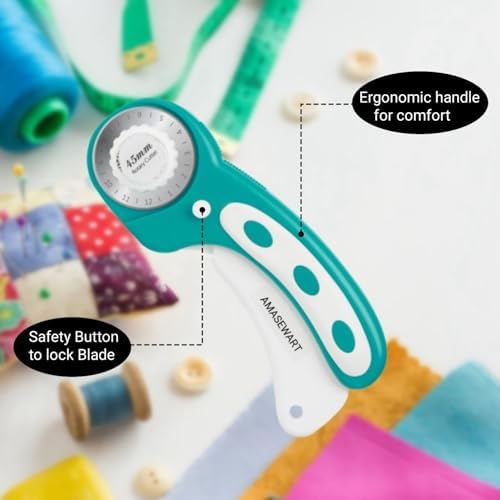 45mm Rotary Cutter and Mat Set, Fabric Cutter Wheel and 12x18 Inch Self Healing Sewing Cutting Mat, Fabric Rotary Cutter with 5pcs Rotary Blades for Quilting Patchworking Crafts, Turquoise