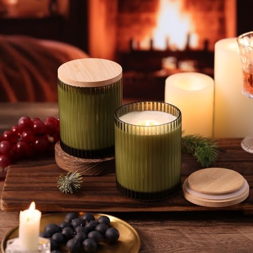 14OZ Olive Green Glass Candle Jars for Making Candles, 6 Pack - Empty Candle Jars Bulk with Bamboo Lids and Accessories, Ribbed Candle Vessels Containers for Candle Making