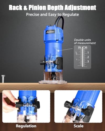 AVID POWER 630W 5.3 Amp Wood Router Tool with Fixed Base Compact Router for Woodworking, 35,000 RPM, 1/4” collet & 5 Trim Bits, Straight & Roller Guide, 2 Wrenches and Carbon Brushes - Blue