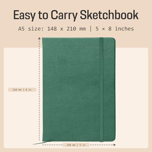 BROWNSTONE JOURNALS A5 Sketch Book Hardcover - 80 Sheets 100 GSM Paper | 5" x 8", Lay Flat, Vegan Leather Cover, Elastic Band, Back Pocket, Compact Art Drawing Book for Adults & Students