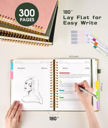 Hardcover Spiral Notebook 8.5"x11" Journal with Removable Dividers Tabs, 300 Pages Leather 5 Subject Notebook College Ruled, Large A4 Notebooks for Work School, Lined Journal for Women, A4 Green