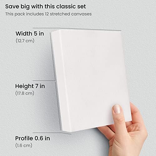 ARTEZA Stretched Canvas, 5 x 7 Inches, Pack of 12, Blank White Canvas for Painting for Acrylic, Oil and Gouache Paints
