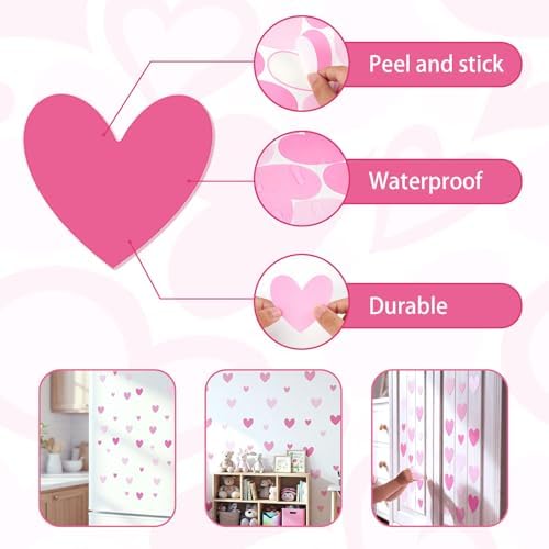 AOWDIAO 170 Pcs Heart Wall Decals - Peel and Stick Pink Decor for Girl Bedroom, Nursery, Playroom Decoration