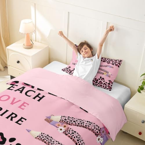 Erosebridal Pink Leopard Duvet Cover Toddler Size Floral Leopard Pencil Bedding Set for Kids Boys Girls Pink Educator Artwork Comforter Cover Boho Aesthetic Bedclothes Room Decor