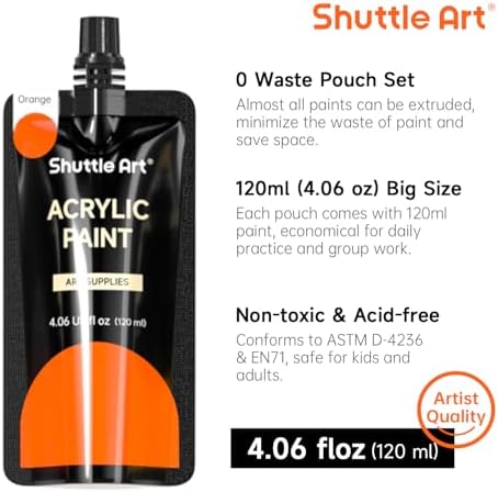 Shuttle Art Acrylic Paint, 18 Colors Acrylic Paint Pouches (120ml/4.06oz), Artist Grade Paint Set, Rich Pigments, Non-Toxic for Artists, Beginners and Kids on Rocks Crafts Canvas Wood Ceramic