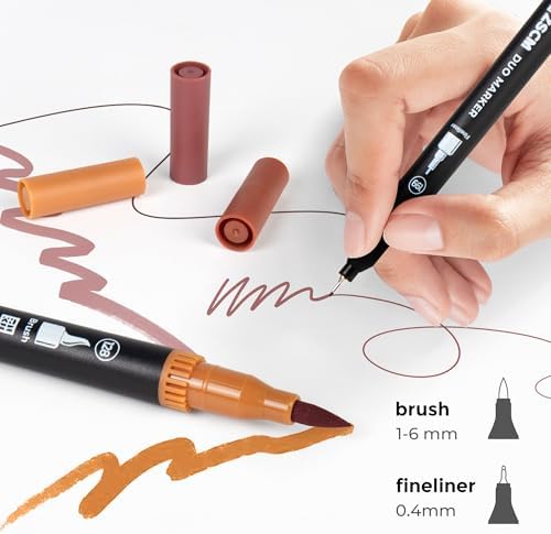 Brown Duo Tip Marker Pens, 12 Fine & Brush Tip Pen For Adult Coloring Books