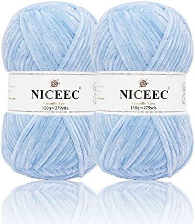NICEEC 2 Skeins Soft Chenille Yarn 2 x255m (2X 279yds, 3X 150g)_Light Blue