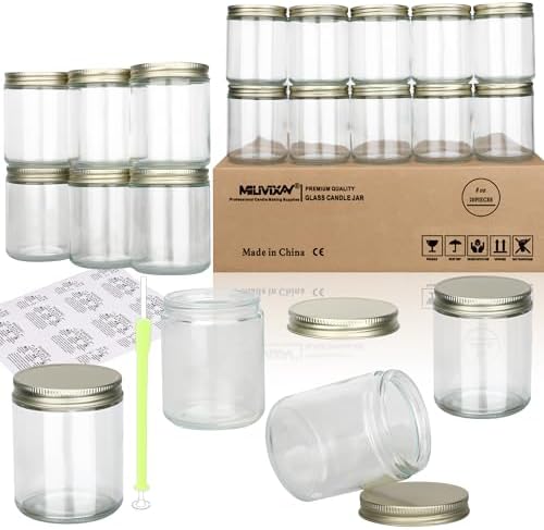 MILIVIXAY 20 Pack 8 OZ Thick Glass Clear Candle Jars with Golden Lids-Bulk Empty Candle Jars for Making Candles-Canning Jar for Spice, Liquid, Sample- Dishwasher Safe.