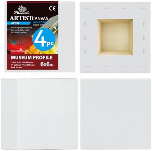 PHOENIX 6x6 Inch 4 Pack Museum Canvas - 2 3/8 Inch Thick Edge Deep Mini Block Canvases for Painting 100% Cotton 11 Oz. Gesso Primed White Blank Professional Art Canvas