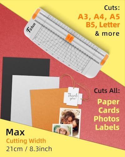 Firbon A5 Paper Cutter, Small Straight Paper Trimmer with Side Ruler | White Compact Design | Cuts Photo, Cardstock, Labels & Coupons | Portable Desktop Slicer | Scrapbooking & Craft Projects