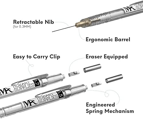 MozArt Mechanical Pencil Set 4 Sizes 0.3 0.5 0.7 0.9mm HB Lead Clear