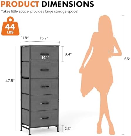 Sweetcrispy 5 Storage Drawer Bedroom Dresser, Tall Dresser for Organizer