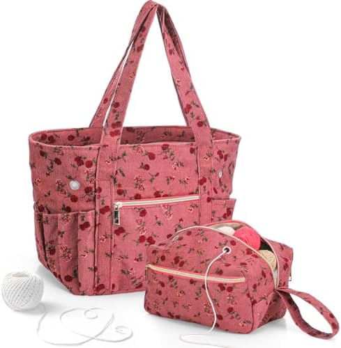 Bulyoou 2 Pcs Crochet Tote and Yarn Bag Set Corduroy Yarn Holder, Flower