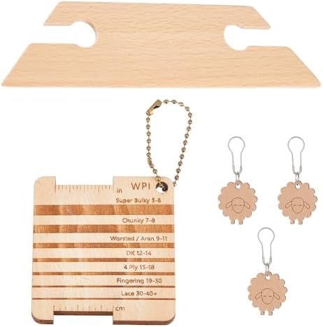 HOBBIESAY 1 Set Wood Knitting Gauge Rulers Wooden Knitting Tool Set with Yarn Ball Chain 3 Sheep Stitch Markers and Shuttle Knit Accessories for Beginners Experts DIY Sewing Crafts