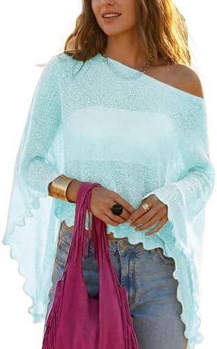MAKABO Women's Crochet Sheer Poncho Top Lightweight Sparkly Shrug Pullover Knit Bolero Sweater Cover Up Beachwear
