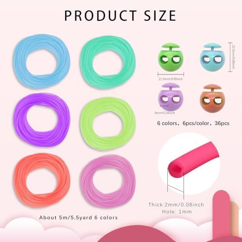 GeryVtee Cord Lock Kit Knitting Stitches Holder Barber Cord Stitch Markers Knit Stiches Keeper 36 Pcs Silicone Stitch Holders & 6 Rolls Round Barber Cords for Knitting Projects