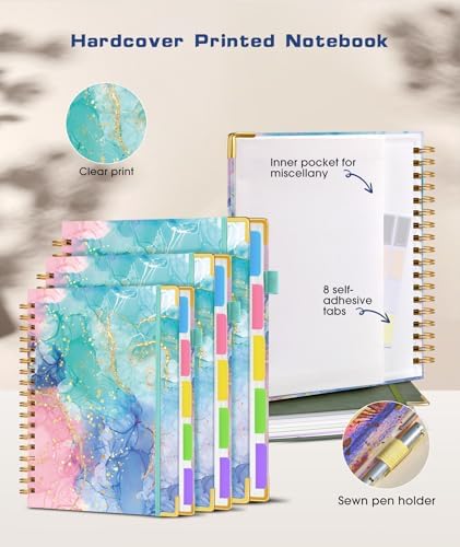 Hardcover Spiral Notebook journal with Removable Dividers Tabs, 300 Pages 5 Subject Notebook College Ruled, 100GMS Notebooks for Work School Note taking,Lined Journal for Women,A5 Pink Blue Marble