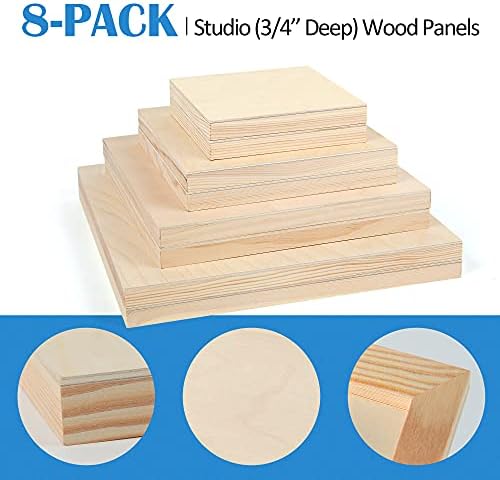 Falling in Art 8 Pack 4 Sizes Unfinished Birch Wood Canvas Panels Kit | Studio 3/4’’ Deep Wood Canvas, Cradle Boards for Painting, Pouring, Burning, Crafts, Epoxy Resin, Laser Engraving Cutting