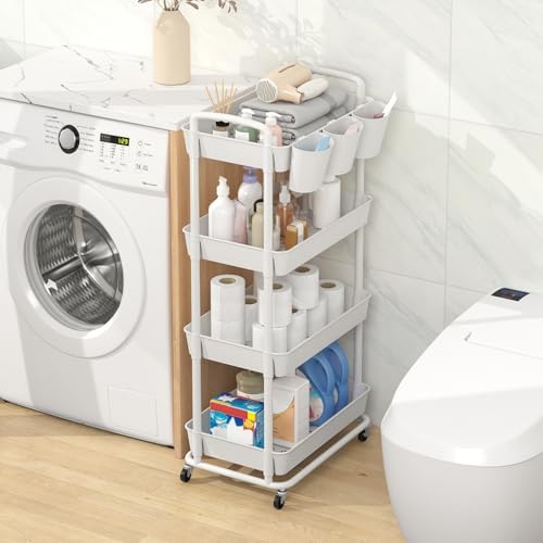 JIUYOTREE 4-Tier Plastic Rolling Storage Cart Utility Cart White