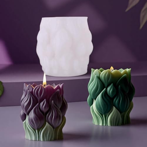Konrisa Cylinder Candle Molds, 3D Flower Resin Molds for Candle Making, Large Tulip Candle Molds, Handmade Aromatherapy Candles Making Molds Craft Supplies