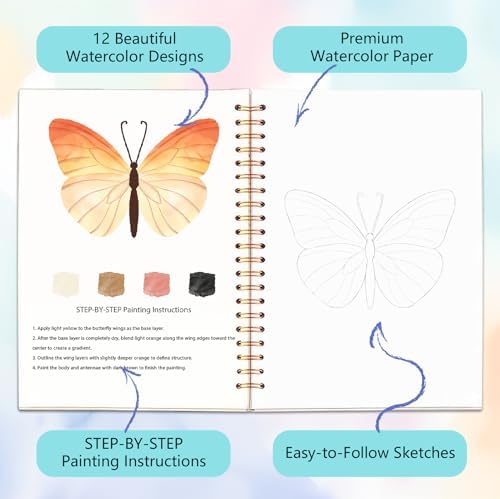 Easy Watercolor Workbook for Beginners - 12 Beautiful Step-by-Step Paintings Water Coloring Book, Includes 16 Colors Paints, Relaxing Art Projects and Creative Gift for Adults & Teen (Butterflies)