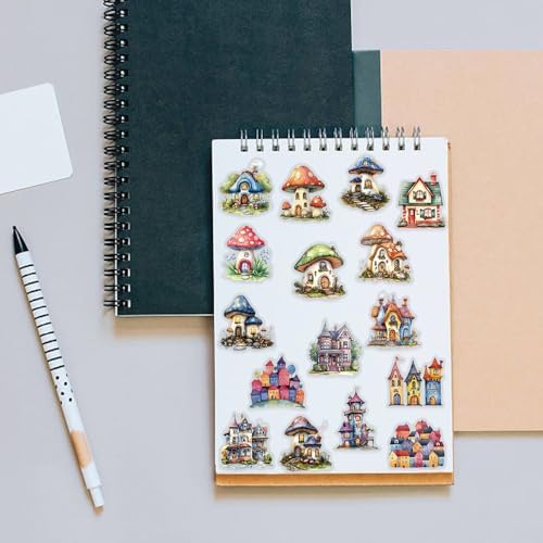 50PCS Fairy Tale Cottage Stickers – Waterproof Clear Stickers of Whimsical Fantasy Houses, Mushroom Homes & Vintage Storybook Buildings for Scrapbooking, Journaling, Art Crafts,Water Bottle, Laptop