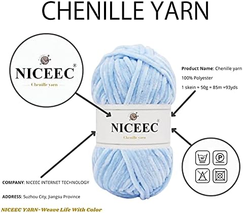 NICEEC 3 Skeins Soft Chenille Yarn 3 x85m (3X 93yds, 3X 50g)_Light Blue