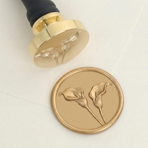 UNIQOOO 3D Embossed 2 Flowers Calla Lily Wax Seal Stamp with Wooden Handle, Vintage Floral Brass Sealing Wax Stamp Head for Wedding Invitations, Envelopes, Gift Wrapping, DIY Crafts
