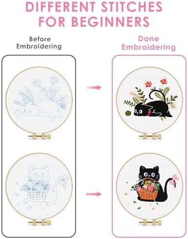 TINDTOP 2 Pack Embroidery Kit for Adult Beginners, Embroidery DIY Starter Kit, with Black Cat and Flowers Stamped Patterns, Hoop, Tools, Colorful Threads with Needles, Instructions