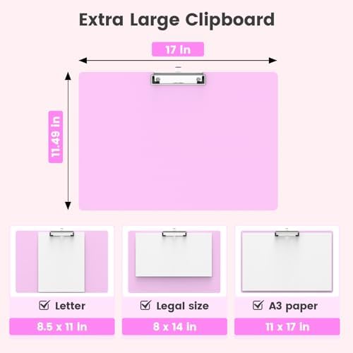 Extra Large 11x17 Clipboards, Plastic Pink Drawing Boards, Horizontal Clip Board, Landscape Layout. Suitable for Watercolor, Sketching, Painting. Art & Drafting Supply(Pack of 6)