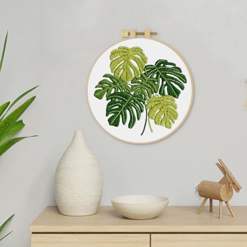 ERKOON Embroidery Kit for Beginners Adult, Cross Stitch Set Include Embroidery Cloth Hoop Threads for Craft Lover Hand Stitch with Embroidery Skill Techniques (Leaf)
