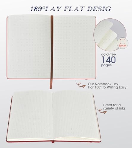Biuwory Dotted Journal Notebook, 140 Dot Grid Pages, Medium 5.7"×8.3" | A5 Hardcover Vintage Leather Journal for Women Men, Dot Grid Paper Notebook for Work School Travel, Bullet Journaling Writing