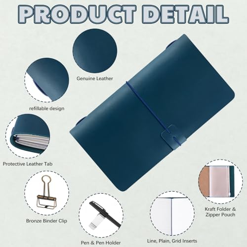 Thenshop Leather Travel Notebook 3 Inserts,Blue,Stand Size