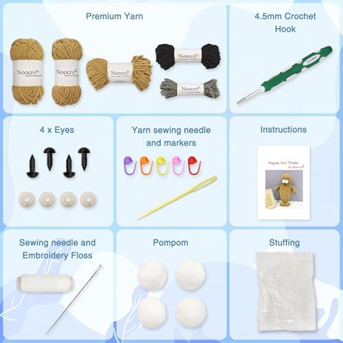Noocro Amigurumi Crochet Kit for Beginners, Intermediate and Advanced Crocheters, DIY Crochet Plushie Kit with Complete Kit, Detailed Instrucions and Video Tutorial - Fun Craft Gift (Seal)